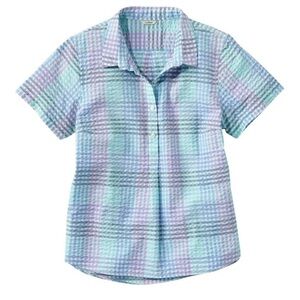 L.L. Bean 100% Cotton Seersucker Casual Pastel Green Blue Plaid Collared Shirt